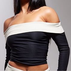 Black Stretch Woven Fold Over Detail Bardot Long Sleeve Top Size: 4 P1-M Black Off-shoulder Crop Top For Night Out, Black Off-shoulder Crop Top For Evening, Black Off-shoulder Top For Night Out, Black Off-shoulder Top For Date Night, Chic Black Crop Top For Date Night, Chic Black Crop Top, Black Off-shoulder Crop Top For Party, Cropped Black Top For Date Night, Black Cropped Top For Date Night