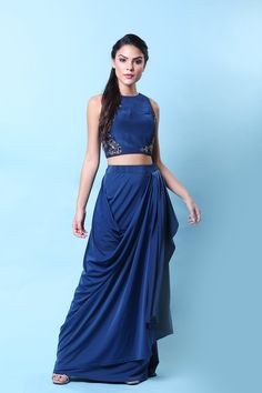 Turkish Blue Embellished Drape Skirt Set Dhoti Skirt With Crop Top, Skirt And Crop Top Indian, Crop Top Indian, Draping Skirt, Skirt And Crop Top, Diwali Outfits, Skirt Draping, Stylish Crop Top