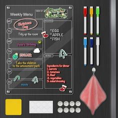 a menu board with markers, pens and magnets on the back side is shown