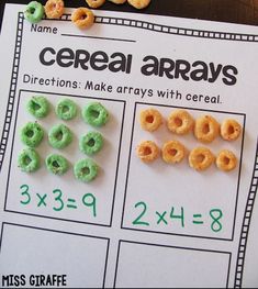 some cereals are arranged on top of a piece of paper with numbers and letters