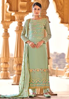 Sea green viscose georgette pant style suit 10102  Desc:  Style : Pant Style Suits Color : Sea Green Fabric : Viscose Georgette Work : Embroidery Wash Care : Dry clean Sleeve Style : Full Sleeve Long Sleeves : Done only in Custom Stitch Sleeves Lining : Done only in Custom Stitch Bust Size : 32 to 42 Inches Occasion : Wedding   Diwali   Eid   Mehendi   Sangeet   Party Wear   Engagement   Reception. With Express Free Shipping and Custom Stitching, Buy Indian Party wedding wear salwar Sea green vi Celana Fashion, Eid Outfits, Georgette Tops, Embroidered Pants, Chiffon Dupatta, Salwar Suit, Green Pants, Pant Style, Salwar Suits