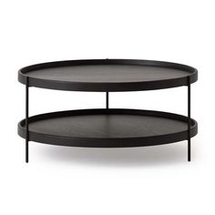 two tiered black coffee table with one shelf on each side and the other end