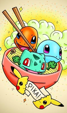 an image of some cartoon characters in a bowl with chopsticks and broccoli