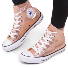 Rose Gold Converse Copper High Top Blush Metallic w/ Swarovski Crystal Chuck Taylor Rhinestone Bling Rose Gold Converse, Gold Converse, Metallic Gold Shoes, Converse Gold, Copper Blush, Converse Tennis Shoes, Bling Converse, Wedding Sneakers, Pink Converse