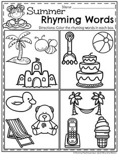 the summer rhyming words worksheet is shown in black and white, with pictures