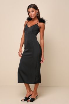 You'll be the best dressed on the guest list in the Lulus Exquisite Invite Black Satin Feather Backless Midi Dress! Sleek satin shapes this luxe dress with a flattering V-neckline and princess-seamed bodice with a flirty open back design, all supported by adjustable spaghetti straps with fun, feathery pompoms at the shoulders. High, fitted waist sits atop a figure-skimming column skirt that ends at a chic midi hem. Kick pleat at back. Hidden side zipper/clasp. Fit: This garment fits true to size Black Satin Slip Dress For Prom, Fitted Satin Dress With Feather Trim, Sleek Black Satin Dress For Prom, Elegant Satin Dress For Club, Elegant Satin Midi Dress For Club, Satin Dresses With Feather Trim, Fitted Midi Dress With Feather Trim For Night Out, Sleek Satin Finish Midi Dress For Party, Fitted Feather Trim Midi Dress For Formal Occasions