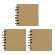 three brown spiral bound notebooks with black ink on each side and one blank page