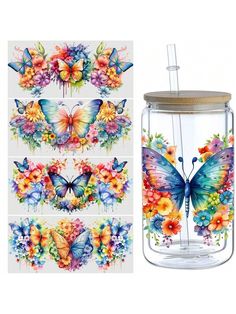 butterflies and flowers are painted on the side of a mason jar