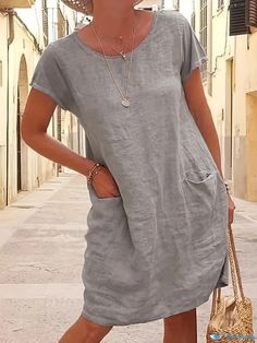 Orcajump - Round Neck Pocket Dress, Casual Loose Solid Short Sleeve Spring Summer Knee-Length Dresses, Women's Clothing Summer Dresses Knee Length, Midi Short Sleeve Dress, Dresses By Length, Pocket Dress, Midi Dresses, Women's Fashion Dresses, Knee Length, Short Sleeve Dresses, Women's Clothing