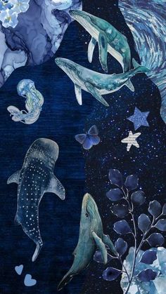 a painting of dolphins swimming in the ocean with stars and fish around them, surrounded by other marine creatures