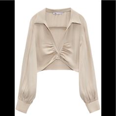 Cropped Blouse. New Without Tags. Chic Ruched Blouse For Day Out, Long Sleeve Ruched Blouse For Day Out, Ruched Long Sleeve Blouse For Day Out, Elegant Ruched Zara Top, Elegant Ruched Tops For Day Out, Beige Ruched Blouse For Spring, Spring Beige Ruched Blouse, Ruched Blouse, Wrap Front Top