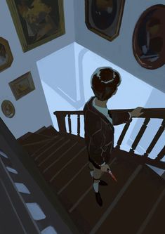 an animated image of a person walking up the stairs in a house with paintings on the walls