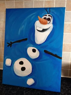 a painting of a toothbrush with eyes and nose floating in the water next to a tile wall