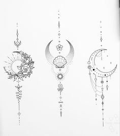 three different designs on a white paper with black ink and pen drawing, each one being drawn