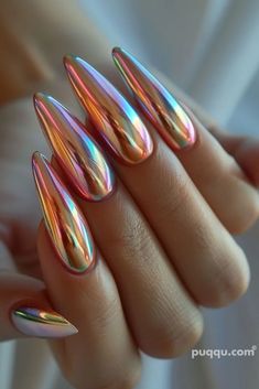 y2k-nails-26 Chrome Pride Nails, Y2k Nail Designs, 2024 Manicure, Yellow Tips, Y2k Nail, Pride Nails, Metallic Art, Pink Chrome Nails, Cute Nail Polish