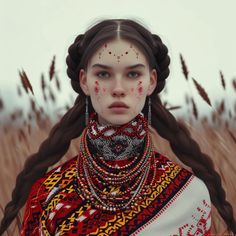 a woman with long hair and jewelry standing in a field