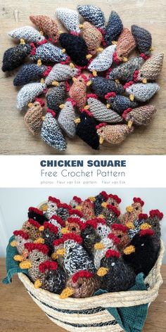 a basket filled with crochet chickens sitting on top of a wooden table next to another