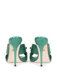 Luxury Green Evening Sandals, Luxury Green High Heel Sandals, Luxury Green Sandals With Padded Heel, Elegant Green Mules For Evening, Luxury Green Open Heel Heels, Luxury Green Open Heel Sandals, Luxury Green High Heels, Designer Green Formal Sandals, Green Open Toe Formal Mules