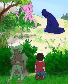 two children sitting on the ground in front of some trees and bushes, one is looking at another child