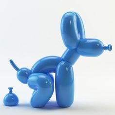 a blue balloon dog laying on its back in front of a white background with an object next to it