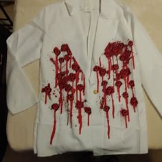 One Size Fits Most Men's Halloween Jacket.Whit With Bloody Bullet Holes On Front Back Is Plain. Some Marks On Left Sleeve As Shown. Nwot White Halloween Cosplay Outerwear, White Long Sleeve Outerwear For Halloween, White Cotton Halloween Outerwear, White Cotton Outerwear For Halloween, White Long Sleeve Outerwear For Costume Party, Halloween Jacket, Shirt Jacket, Mens Jackets, Color White