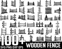 the wooden fence is drawn in black and white, it has many different types of fences