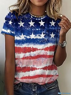 Orcajump - Flag Print Crew Neck T-Shirt, Casual Short Sleeve T-Shirt For Spring & Summer, Women's Clothing Ladies Casual Tops, American Flag Print, Casual Tops For Women, Vintage Streetwear, Fashion Store, Summer Women, American Flag, Neck T Shirt, Print T Shirt