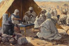 an oil painting of some people in the desert with sheep and water jugs next to them