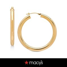 in stock Gold-tone Round Hoop Earrings With Polished Finish, Gold-tone Polished Round Hoop Earrings, Classic Hinged 14k Gold Hoop Earrings, Classic Gold-tone Hoop Earrings For Anniversary, Classic 14k Gold Hinged Jewelry, Macy's Classic 14k Gold Hoop Earrings, Macy's Classic Hoop Earrings, Classic Stamped 14k Hoop Earrings, Classic Hoop Earrings By Macy's For Formal Occasions