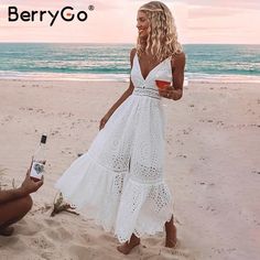 Sexy Hollow out Embroidery Maxi Cotton Evening Dresses Price: 49.99 & FREE Shipping #partyoutfit Valentino Wedding Dress, Backless Midi Dress, Lace Summer Dresses, Casual White Dress, Maxi Robes, Maxi Dress Cotton, White Dress Summer, Tiered Maxi Dress, Vacation Dresses