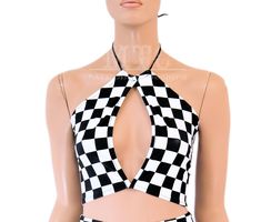 Checkerboard Racing Check Black White Chekered FLag Keyhole Key Hole Corset lacing adjustable size boho Rave Festival Halter Top - MTCoffinz This keyhole halter top is made with soft and stretchy holographic lycra. The top laces in the back with hand set industrial grommets. The whole thing is stretchy so you can move freely and comfortably. Safe for the washing machine and dryer. The standard size fits A-D sizing and the Full size will fit D-F. If you require a fuller bust or most coverage (lon Corset Lacing, Washing Machine And Dryer, Womens Halter Tops, Corset Lace, Rave Festival, Halter Tops, Lace Corset, Key Hole, Rave Outfits