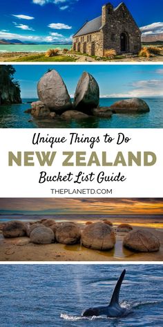 the new zealand bucket list with an image of a whale and some rocks in the water