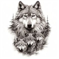 three wolfs are standing together in the woods