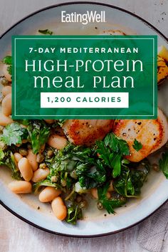 a white plate topped with beans and greens next to a green sign that reads 7 - day mediterranean high protein meal plan