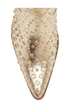 Glamorous rhinestones drip from a gleaming metallic boot boasting cowboy-inspired panels and a chic pointed toe. 2 1/2" length, 10 1/2" length (size 8.5) Pull-on style Water-resistant Arch support Synthetic upper, lining and sole Imported Asian & Pacific Islander Owned/Founded Gold Boots, Metallic Boots, Pacific Islander, Azalea Wang, Western Boots Women, Perfume Gift Sets, Perfume Gift, Western Boot, Fragrance Gift