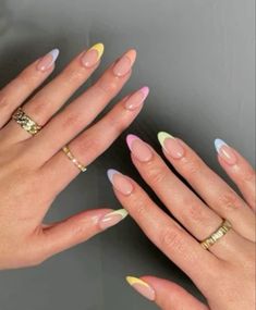 Cute pastel french tip nails for spring! Different Coloured Tips Nails, Almond Nails Pastel Tips, Cute Pastel French Tip Nails, Coloured French Almond Nails, French Tip With Different Colors, Oval French Tip Nails Different Colors, Rainbow Pastel French Tip Nails, Cute Nail Designs French Tip Almond, Multi French Tip Nails