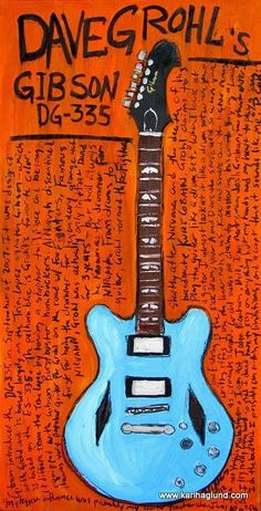 a painting of a blue guitar on an orange background with the words david grohl's gibson dg - 535