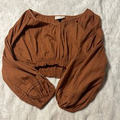 Size Small In Woman’s, Never Worn, In Good Shape Casual Brown Crop Top For Fall, Brown V-neck Top For Brunch, Brown Long Sleeve Crop Top For Summer, Long Sleeve Brown Crop Top For Spring, Casual Brown Crop Top, Brown V-neck Crop Top For Fall, Casual Brown Cropped Blouse, Brown Cotton Crop Top For Day Out, Brown Cotton Top For Brunch