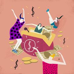 two women are jumping out of a box filled with money and dollar bills on pink background