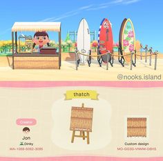 an animal crossing game with surfboards in the background and another character on the screen