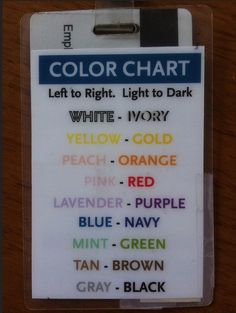 an id badge with the words color chart in different colors and font options on it