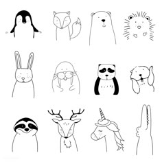 various animals drawn in black and white on a white background, including an animal face