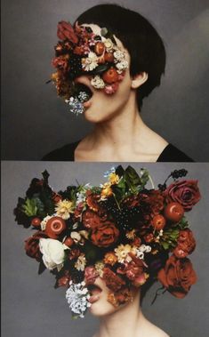 two pictures of a woman's face with flowers in her hair and on her nose