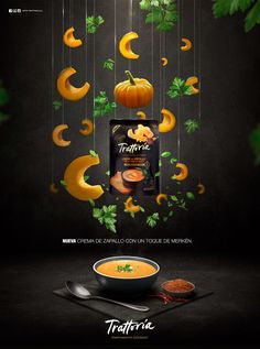 an advertisement with pumpkins and leaves hanging from the ceiling, in front of a black background