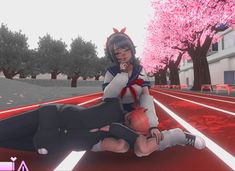 two anime characters sitting on the ground in front of some trees and buildings with pink flowers