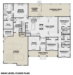 the main level floor plan for a home with multiple living areas and an attached garage