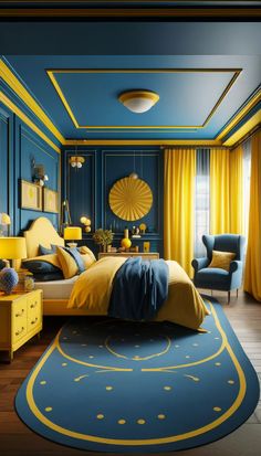 a bedroom decorated in blue and yellow with a large rug on the floor, two chairs at the foot of the bed