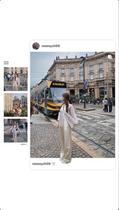 a woman standing on the side of a road next to a train