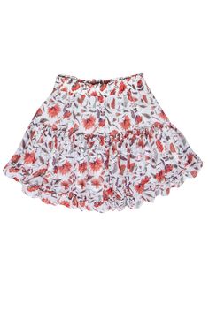 Get ready to turn heads in this fun and flirty MISA Los Angeles mini skirt. The stylish ivory chiffon is accented with a gorgeous red and purple floral print, while romantic ruffles add a touch of charm. Perfect for a lunch date, pair with a puff sleeve top and open-toe mules for a truly stunning look. Size S 100% Viscose Lined Elastic waistband Pull-on Ruffle trim A-line Flounce hem Waist (unstretched) 25" Length 17.5" White Ruffle Hem Mini Skort, White Mini Skort With Ruffle Hem, White Ruffle Hem Skort, White Skort With Ruffle Hem, White Mini Skirt With Ruffle Hem, White Feminine Ruffled Skort, Feminine Flowy White Skort, White Ruffled Feminine Skirt, White Feminine Skirt With Ruffles