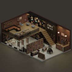 an aerial view of a library with bookshelves and stairs